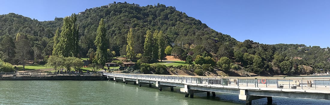 Park pier with mountain landscape.